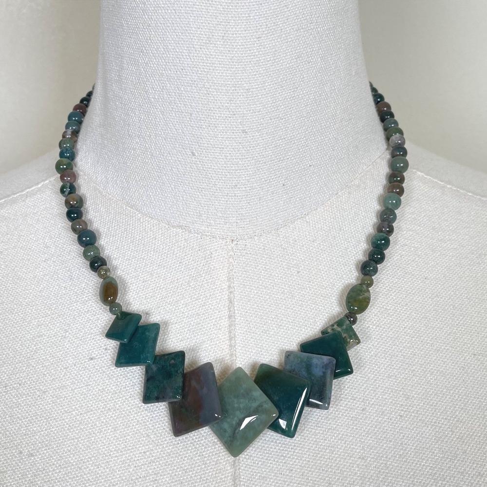 Vintage Moss Agate Beaded Geometric Statement Necklace Green Earthy Toggle Clasp